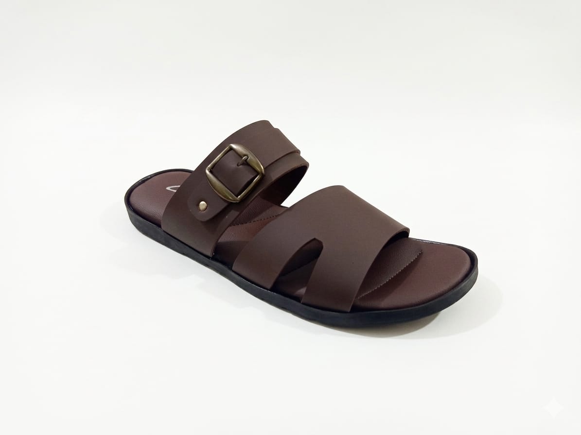 Men’s Classic Brown Comfort Slipper - Synthetic Buckle Strap